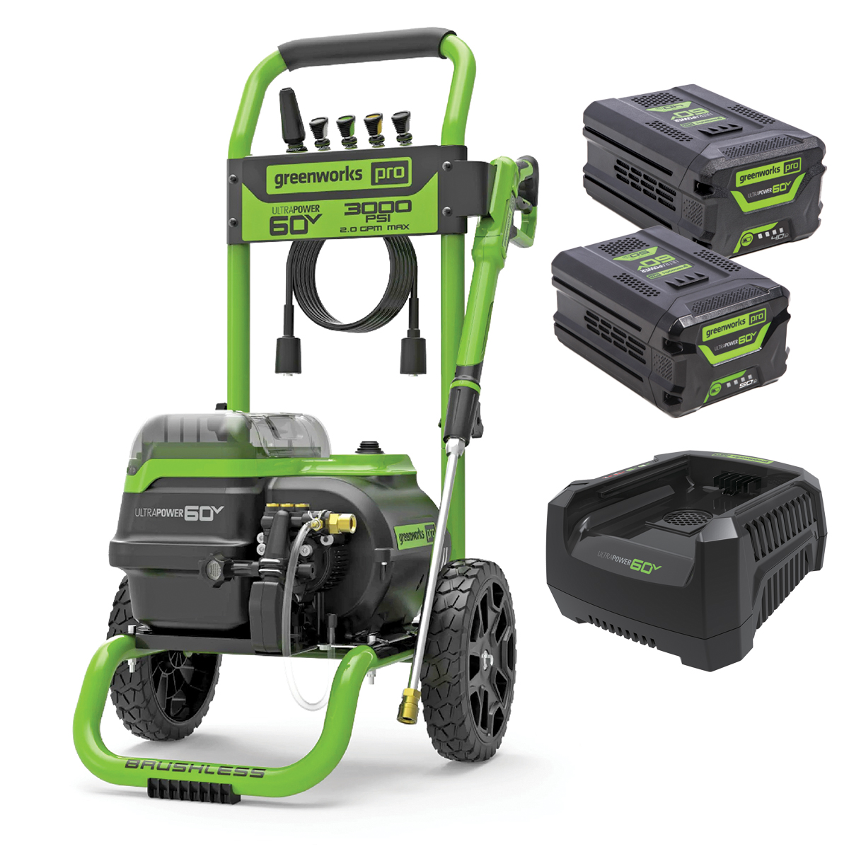 Greenworks 60v Dual Port 3000psi Pressure Washer Kit with 1x 4.0ah + 1x 5ah Batteries & 6a Fast Charger